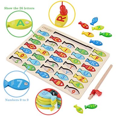 Magnetic Wooden Fishing Game Toy for Toddlers, Alphabet Fish Catching Counting Games Puzzle with Numbers and Letters, Preschool Learning ABC Math Educational Toys 3 4 5 Years Old Girl Boy Kids - Image 2