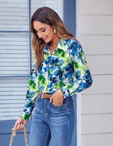 Zeagoo Button Down Shirts for Women Business Casual Blue Floral Dressy Tops Long Sleeve Work Blouses Spring Outfit - Image 3