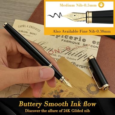 BEILUNER Black Fountain Pen,Stunning Luxury Pens with 24K Gold Accents, Gorgeous 24K Gilded Nib(Medium), Trustworthy Pen Gift for Men&Women -Ink Converter-Elegant, Reliable,Nice Pen for Writing - Image 4