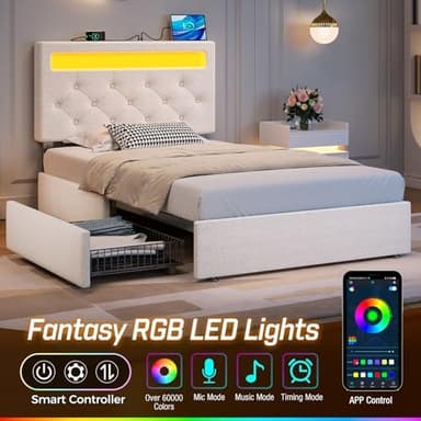 Rolanstar Twin Bed Frame with 4 Storage Drawers and Charging Station,Twin Bed with Led Lights, 2 USB & 1 Type C, Adjustable Headboard 38.9/40.8 Inches, No Box Spring Needed, White - Image 4