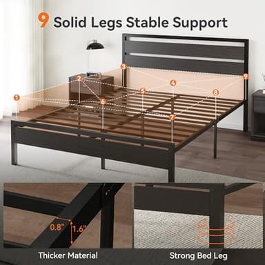 BedsPick 16 Inch Queen Bed Frame Sturdy Metal Bed Frame Queen Size with Wooden Headboard and Footboard, Noiseless/12.5" Under Bed Space/Durable Support//No Box Spring Needed/Anti-Slip, Black Oak - Image 5