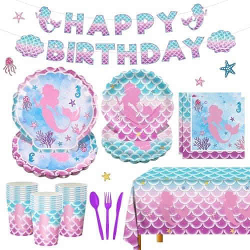 170pcs Mermaid Birthday Party Supplies Mermaid Party Decorations Includes Paper Plates Napkins Tablecloth Banner Cups Banner Forks for Baby Shower Ocean Birthday Party Decorations Serve 24 - Image 1