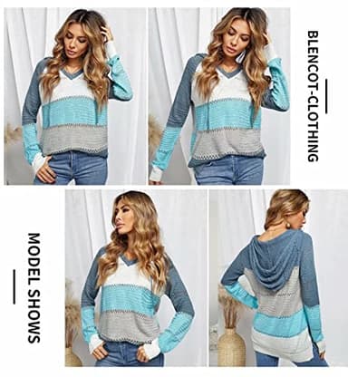 BLENCOT Women's Casual Color Block Hoodies Sweater Long Sleeve Drawstring Pullover Sweatshirts Fashion Knitted Tops Blue XL - Image 3