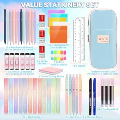 60 Pcs Aesthetic School Supplies with Large Capacity Pencil Case, 5 Quick Dry Black Ink Gel Pens, 12 Color Pastel Highlighters, 6 Mechanical Pencil Set 0.5 & 0.7 mm, 7 Multi-Color Index Sticker-Blue - Image 2