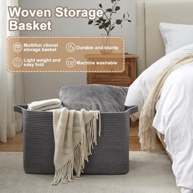 OIASKET 95L Extra Large Blanket Basket, 24" x 16.9" x 14.2" Woven Storage Basket for Living Room, Nursery Blanket Storage for Toys, Towels, Dirty Clothes (Grey) - Image 7