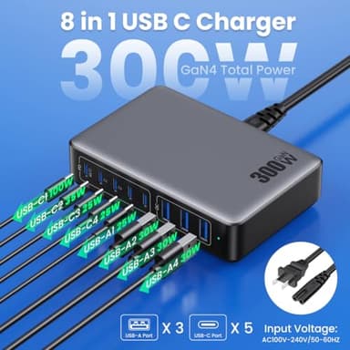 USB C Charger 300W USB C Charger Block, 8-Ports GaN IV Fast Charging Station Hub, Dual PD 100W Laptop Charger Adapter,for MacBook Pro/Air/iPad/iPhone16/15/14/Apple Watch/DELL/Samsung for Home Office - Image 7
