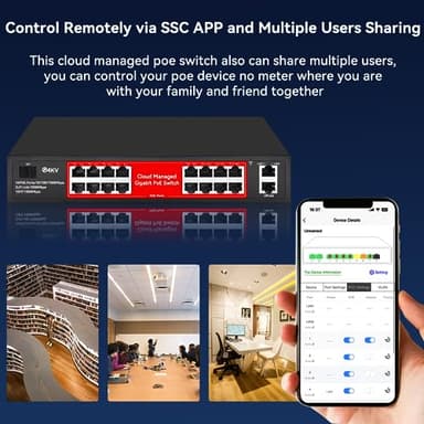 STEAMEMO 16 Port Gigabit PoE Switch, Smart Managed Gigabit Ethernet Switch, 16 PoE+ Ports@240W, Plug and Play, Vlan, Fanless, Desktop or Rackmount, Overload Protection w/ Port - Image 6