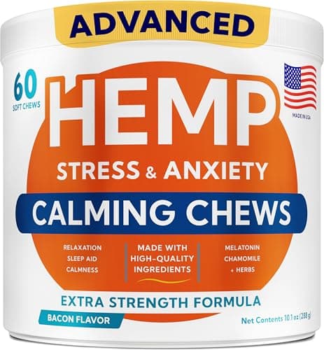 GOODGROWLIES Advanced Calming Chews for Dogs - Hemp Treat + Melatonin + Valerian - Relaxing Bites - Calming Care - Anti-Anxiety & Stress Relief - Made in USA - Calm, Sleep Aid, Storms - 60Ct - Image 1