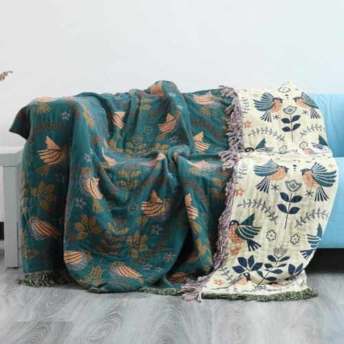 6-Layer Soft Throw Blanket for Couch, Boho 100% Cotton Blankets & Throws Floral Farmhouse Bed Throw Blanket Thick Warm Cozy Rustic Throw for Couch Bed Living Room Decor Furniture Protector, 79"*90" - Image 1