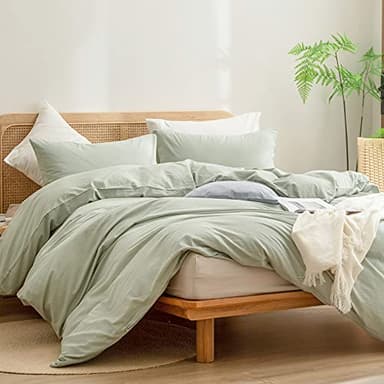 BESTOUCH Duvet Cover Set 100% Washed Cotton Linen Feel Super Soft Comfortable Chic Lightweight 3 PCs Home Bedding Set Sage Green Queen - Image 4