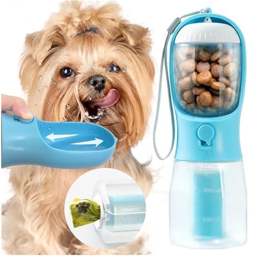 MoonyMars Portable Dog Water Bottle, 3-in-1 Travel Bowl with Food Container & Poop Bag Holder, Pet Dispenser Summer Outdoor Walking Hiking Accessories for Small Dogs - Blue, 10oz