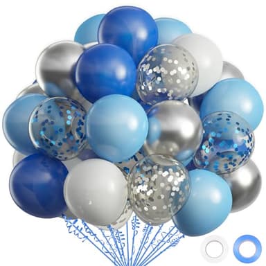 OuMuaMua 62pcs Blue Silver White Confetti Balloons Kit, 12 Inch White Royal Blue Metallic Silver Confetti Balloons for Boy Birthday Baby Shower Graduation Party Supplies - Image 1