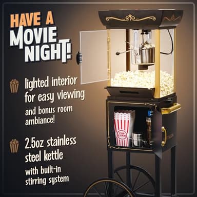 Nostalgia Popcorn Maker Machine - Professional Cart With 2.5 Oz Kettle Makes Up to 10 Cups - Vintage Popcorn Machine Movie Theater Style - Black - Image 3
