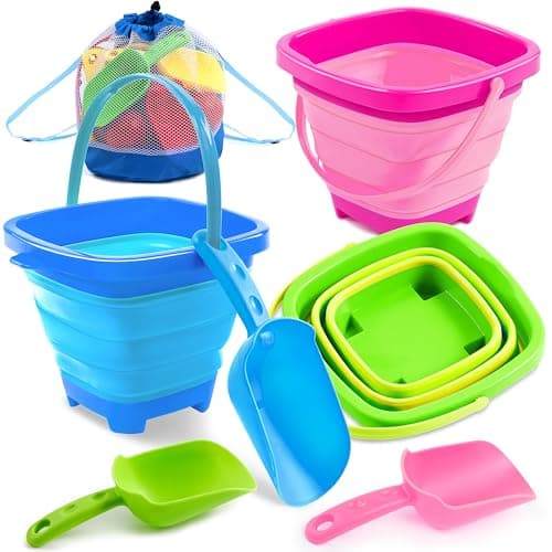 Sloosh 3 PCS Foldable Buckets with 3 Shovels, Square Sand Water Bucket Sandbox Party in Summer Collapsible Silicone Pail Bucket Toddler Kids Beach Camping Travelling Portable Toys (Blue/Pink/Green) - Image 1