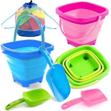 Sloosh 3 PCS Foldable Buckets with 3 Shovels, Square Sand Water Bucket Sandbox Party in Summer Collapsible Silicone Pail Bucket Toddler Kids Beach Camping Travelling Portable Toys (Blue/Pink/Green) - Image 1
