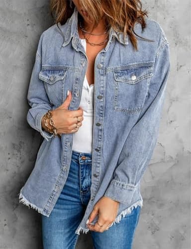 Vetinee Oversized Boyfriend Denim Jean Jacket with Buttons and Raw Hem Pockets - Blue, Size Medium 8-10 - Image 9