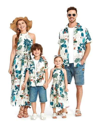 PATPAT Matching Family Hawaiian Outfits - Mommy and Me Hawaiian Dress Matching Set Tropical Palm Newborn Halter Neck Romper White Baby Girl 3-6 Months - Image 1