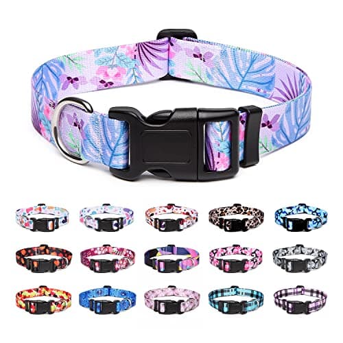 Suredoo Adjustable Dog Collar with Patterns, Ultra Comfy Soft Nylon Breathable Pet Collar for Small Medium Large Dogs (S, Purple Flower) - Image 1