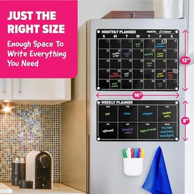 Acrylic Calendar for Fridge - Magnetic Calendar for Refrigerator - 2pc Family Refrigerator Magnetic Dry Erase Planning Board Monthly Weekly - 6 Liquid Chalk Markers & 3 Interchangeable Backgrounds - Image 5