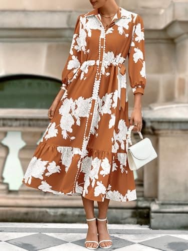 Wenrine Womens Maxi Shirt Dress Casual Floral Collared 3/4 Long Sleeve Drawstring Waist Fall Button Down Dresses Brown - Image 2