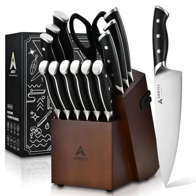 Knife Set with Block, Kitchen Knife Set 15-Piece with Sharpener - High Carbon Stainless Steel Dishwasher Safe Knives with Ergonomic Handles for Chef & Home - Image 1