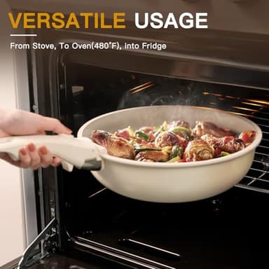Astercook Ceramic Non-stick Cookware 21 Pcs Pots and Pans Set, Detachable Handle, RV Kitchen Non Stick Cooking Set Removable Handles, Oven Safe, Induction Ready, Stackable, Cream White - Image 4