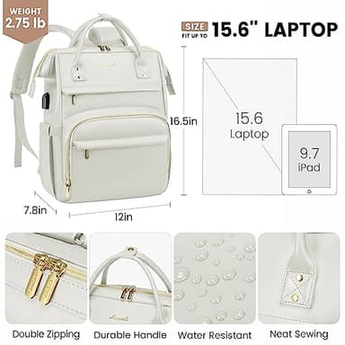 LOVEVOOK Leather Laptop Backpack for Women 15.6 inch,Travel Backpack Purse Nurse Teacher Backpacks Computer Laptop Bag,Professional College Business Work Carry On Backpack with USB Port,Beige White - Image 4