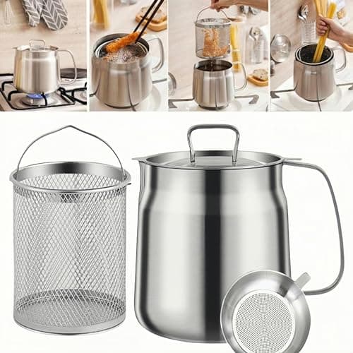 68oz 304 Stainless Steel Deep Fryer Pot with Basket & Strainer, Large Capacity Bacon Grease Container for Kitchen,Frying, Cooking, Camping,Oil Filter Container - Dishwasher Safe (68oz/2L/2.1Qt) - Image 1