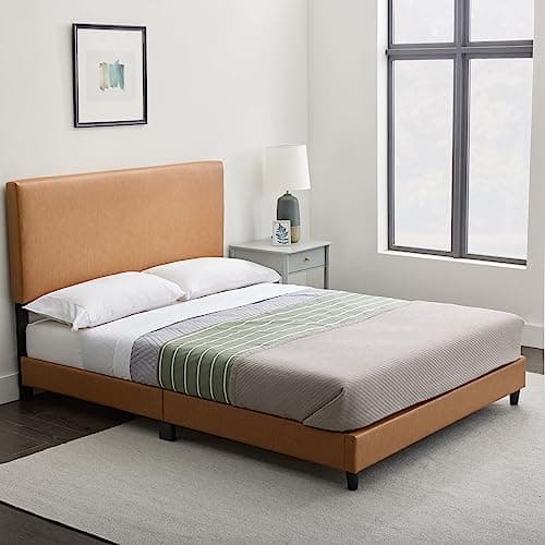 Edenbrook Platform Bed with Headboard – No Box Spring Needed – Faux Leather Upholstered Platform Bed Frame – Low Profile – Easy Assembly – Camel – Full Size - Image 1