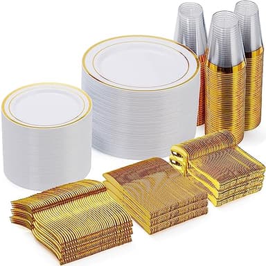 Goodluck 600 Pieces Gold Disposable Plates for 100 Guests, Plastic Plates for Party, Dinnerware Set of 100 Dinner and 100 Dessert Plates, 100 Spoons, 100 Forks, 100 Knives, 100 Cups - Image 1