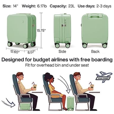 mixi 14 Inch Underseat Luggage Carry on Suitcase Free Boarding Personal Item Suitcases with Spinner Wheels Hardshell Lightweight PC for Short Travel, Avocado Green - Image 2