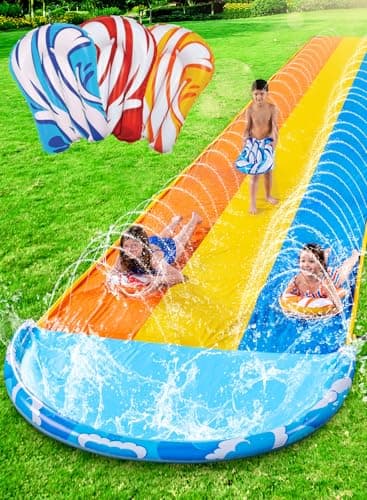 Sloosh 22.5ft x 82in Waves Triple Lawn Water Slide,Heavy Duty Lawn Water with 3 Body Boards and Slip Sprinkler for Kids Adults Backyard Summer Outdoor - Image 1