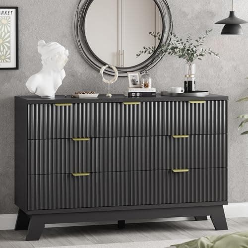 Fluted Dresser for Bedroom with 7 Drawers, 48" Wide Modern Chest of Drawers with Metal Handle, Wooden Dresser TV Stand, Wood Closet Clothes Storage Organizer for Living Room, Hallway, Black - Image 1