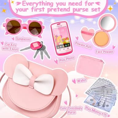 Oisacirg Play Purse for Little Girls, 23PCS Toddler Purse with Pretend Makeup for Kids, Princess Toys Includes Crossbody Bag, Phone, Wallet, Keys, Kids Toy Purse Birthday Gift Toys for Girls 3 4 5 6+ - Image 6