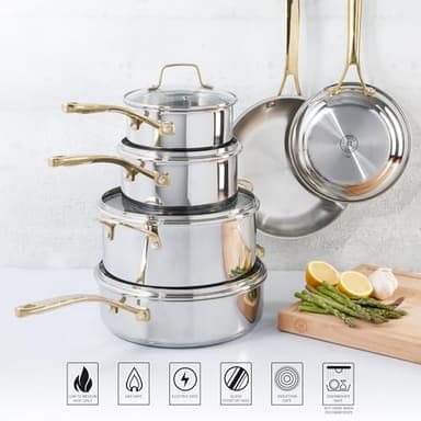 Martha Stewart Castelle 10 Piece 18/8 Durable Stainless Steel Induction Safe Pots and Pans Non-Toxic Kitchen Cookware Set - Gold Handles - Dishwasher Safe - Image 6