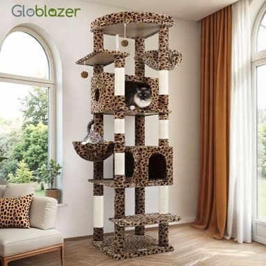 Globlazer Heavy Duty Cat Tree, 74inch Sturdy Cat Tower for Large Cats Adult, Big Cat Tree with 7 Sisal Scratching Posts, 2 Padded Cat Condos, 2 Hanging Baskets, Enlarged Top Perch, S74, Leopard Print - Image 7
