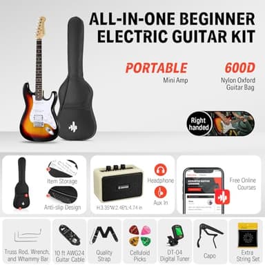 Donner DST-100S 39 Inch Full Size Electric Guitar Kit Solid Body Sunburst, Beginner Starter, with Amplifier, Bag, Capo, Strap, String, Tuner, Cable, Picks - Image 2
