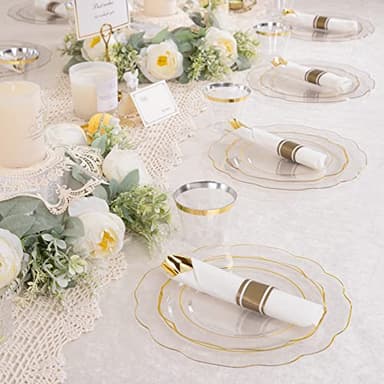 NOCCUR 50Guest Gold Rim Clear Plastic Plates&Disposable Silverware Cups-Include 100Plastic Plates, 150Gold Utensils, 50Cups and 50Napkins-Idea for Wedding&Party - Image 6