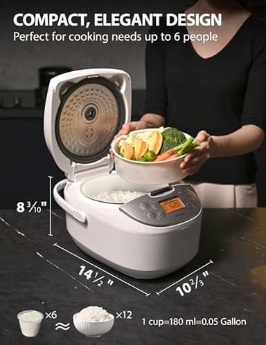 Toshiba Rice Cooker 6 Cup Uncooked – Japanese Rice Cooker with Fuzzy Logic Technology, 7 Cooking Functions, Digital Display, 2 Delay Timers and Auto Keep Warm, Non-Stick Inner Pot, White - Image 2