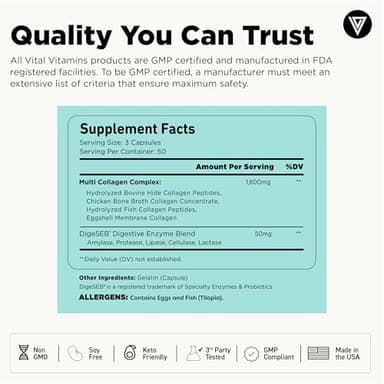 Vital Vitamins Multi Collagen for Women & Men - Type I, II, III, V, X - Grass Fed, Non-GMO - 150 Capsules - Image 6