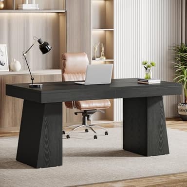 Tribesigns 55 Inches Executive Desk, Mid-Century Modern Home Office Desk with Double Trapezoid Base, Wood Computer Desk Business Workstation Desk Small Conference Table, Black - Image 4