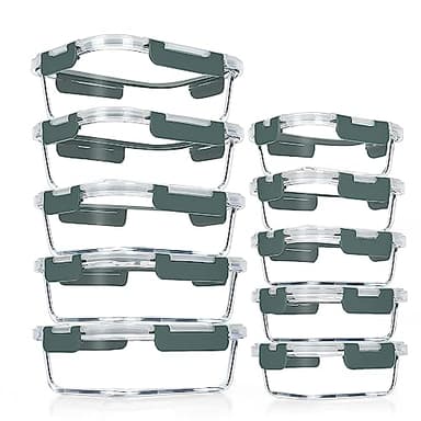 VERONES 10 Pack Glass Meal Prep Containers, Airtight Glass Lunch Containers, Stackable Glass Food Storage Containers Set with Lids,Exclusive of BPA,for Microwave, Oven, Freezer & Dishwasher,Grey - Image 1