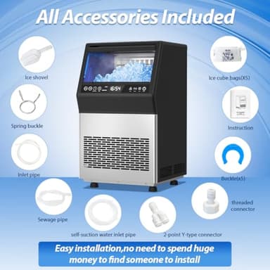Commercial Ice Maker, 110LBS/24H Undercounter/Freestanding Ice Machine with Self-Priming Gallon Water& Facuet Water Inlet, Self-Cleaning, 3 Ice Thickness,18LB Storage Bin for Home, Office,Garage - Image 9