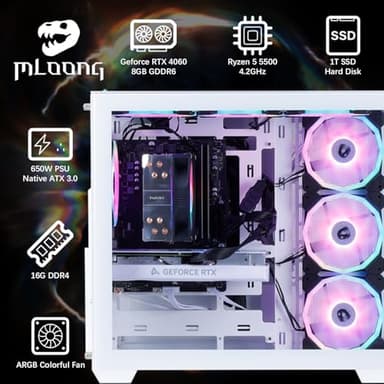 MLOONG Frozen Phantasm Gaming PC,AMD Ryzen 5 5500 4.2 GHz,GeForce RTX 4060 8GB Desktop Computer,1TB NVMe SSD,16GB DDR4 3200MHz, Air Cooled Prebuilt,600W PSU,Windows 11 Home & AI powered Gamer PC.White - Image 7