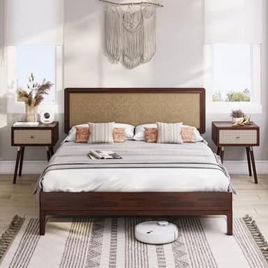 Bme Nipe Queen 14 Inch Bohemian Bed Frame with Adjustable Woven Headboard - Rustic & Vintage Unique Style with Acacia Wood - No Box Spring Needed - Easy Assembly - Walnut - Image 1