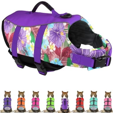 Mklhgty Hawaiian Dog Life Jacket - Adjustable Ripstop Vest with Rescue Handle for Swimming Boating, High-Flotation Safety Device for Small Medium Large Dogs (Floral Purple,S) - Image 1