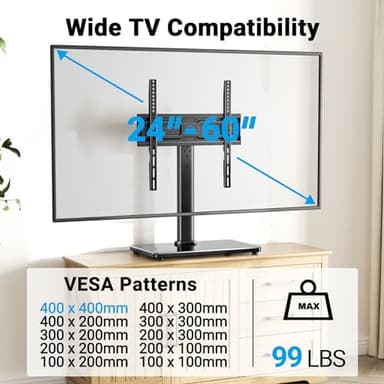 PERLESMITH Universal Swivel TV Stand for 24-60 inch TVs up to 99 lbs, 8 Height Adjustable Table Top TV Stand, TV Base Stand with Tempered Glass Base, Max VESA 400x400mm, PSTVS33 - Image 2