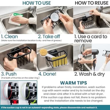 TAILI Sponge Holder with Strong Suction Cup, Dish Sponge Caddy Inside Sink Removable, Rustproof Aluminum for Sponges, Brushes, Stoppers and Scrapers - Black - Image 3