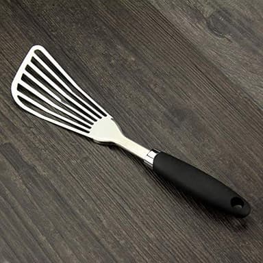 304 Stainless Steel Fish Spatula, Non-Slip Ergonomic Handle Slotted Spatula, Black - Image 6
