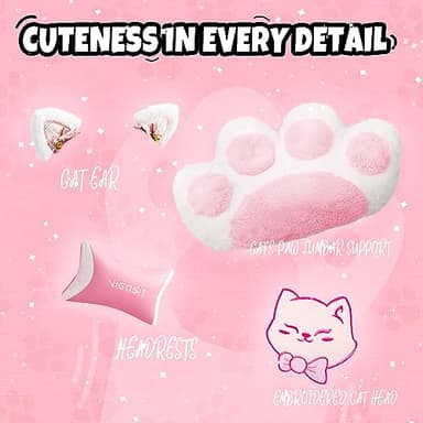 Vigosit Cat Ears PU Leather Gaming Chair Ergonomic Adjustable Office Desk Computer Chairs for Gamers Adults Kids 360 Degree Swivel Recliner 45in Height, Pink - Image 3